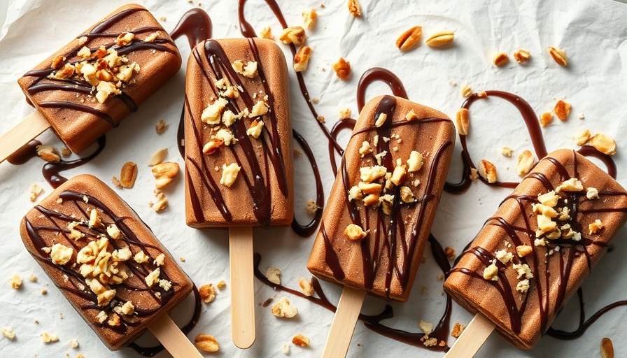 High-protein fudgesicles with chocolate drizzle and nuts.