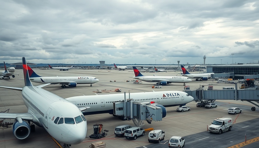 Busy airport with Delta plane linked to Delta SkyMiles Gold Business Amex Card