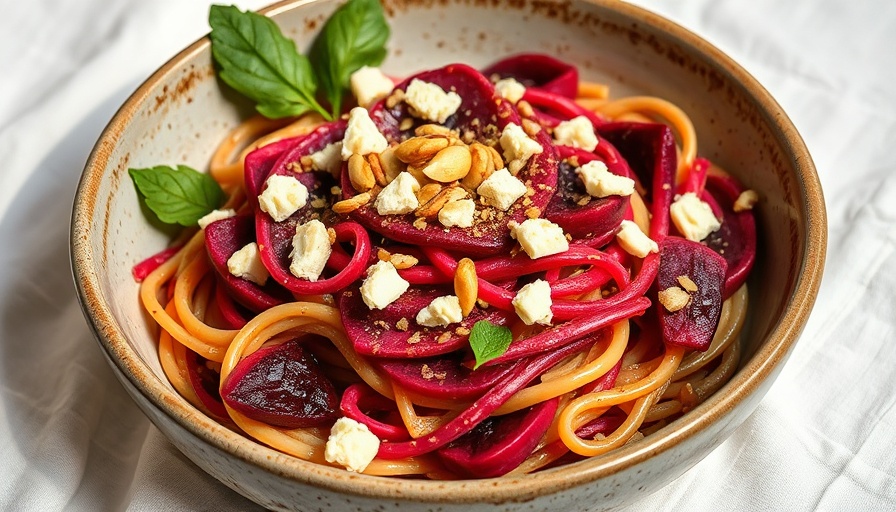 Colorful Roasted Garlic Beet Pasta with cheese and nuts