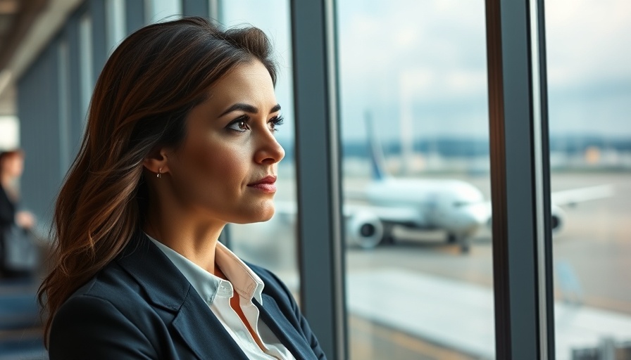 Professional woman at airport window, airplane outside.