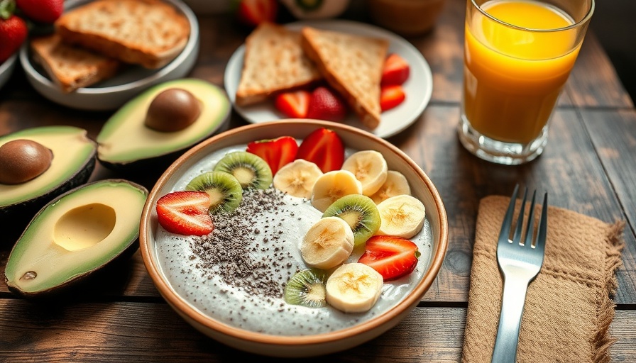 Healthy fiber-rich breakfast with fruits and chia pudding.