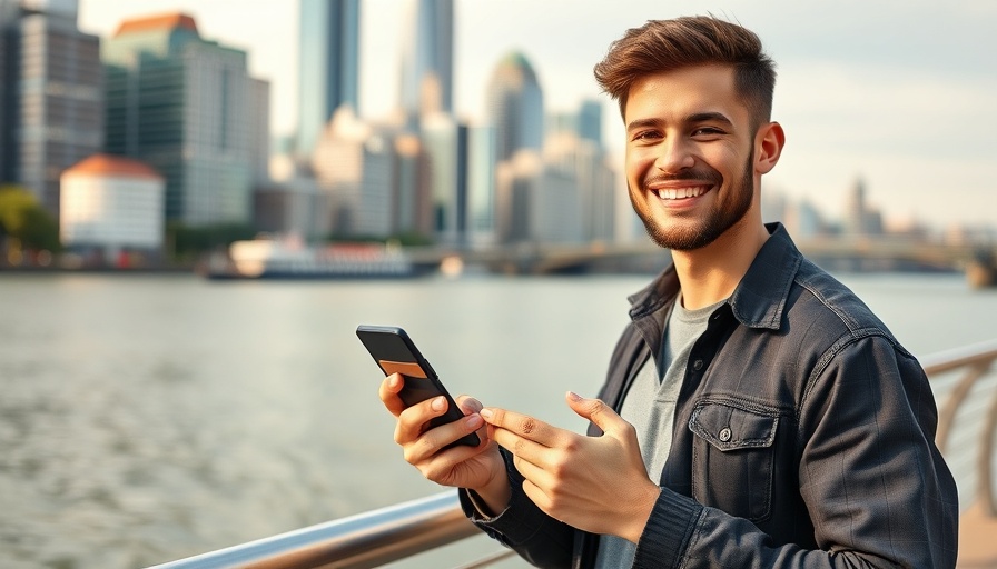 Smiling young man with phone and credit card by riverside.