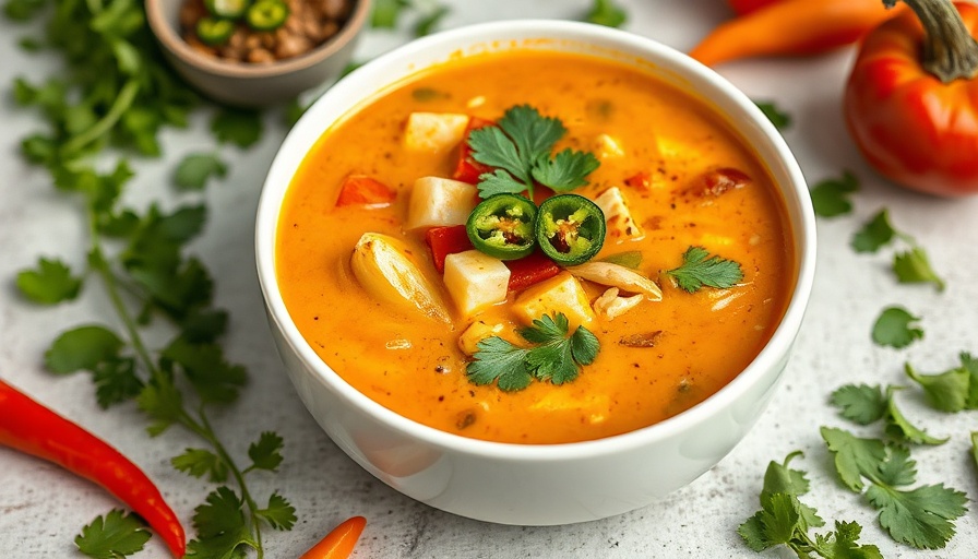 Vibrant bowl of coconut curry soup with noodles and fresh vegetables.