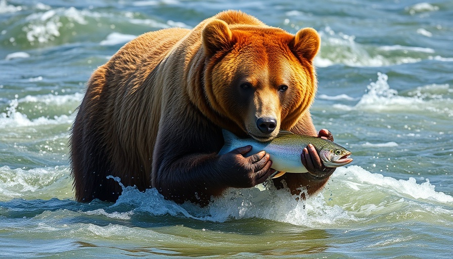 Brown bear catching fish in Alaska river during cruisetours.