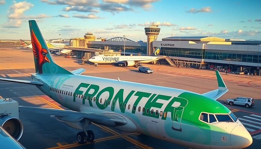 Frontier Airlines airplane with bird artwork parked at airport.