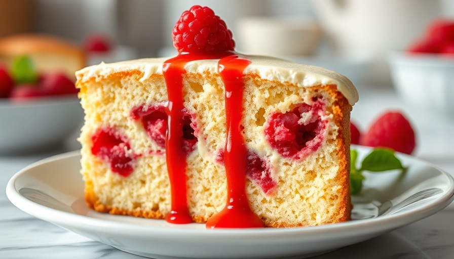 Raspberry Cottage Cheese Breakfast Cake with sauce drizzling.