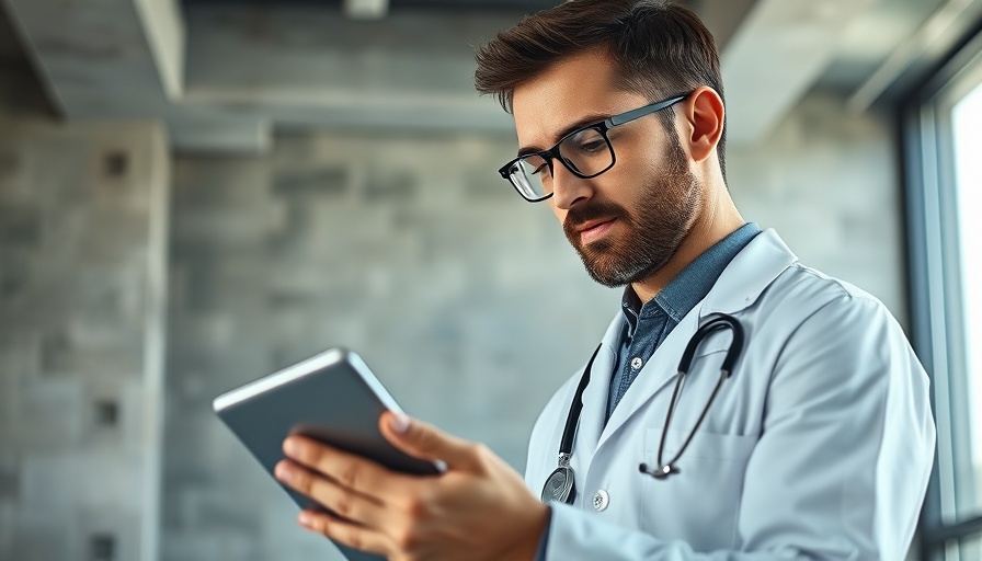 Male doctor using digital tablet in healthcare office.