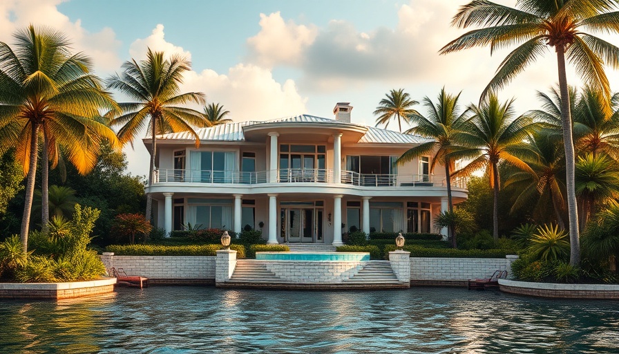 Luxurious Miami Beach mansion with private dock and lush greenery.