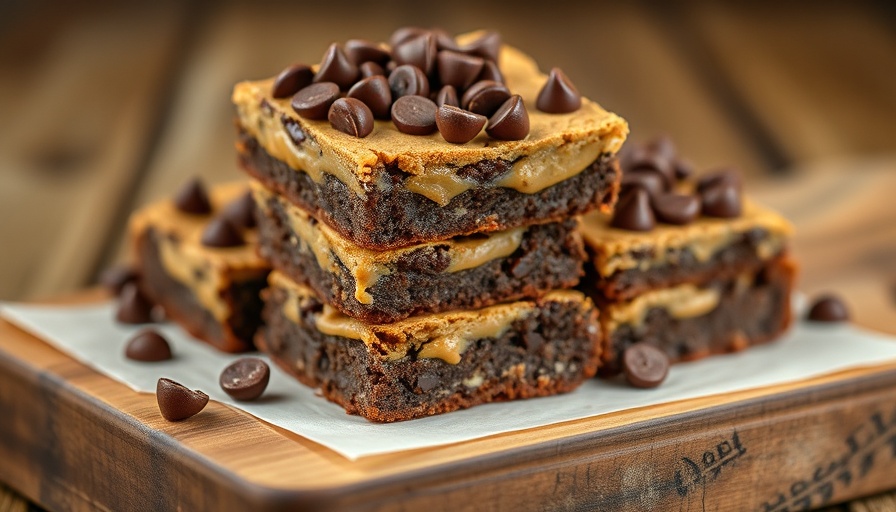 Healthy Brownies topped with peanut butter and chocolate chips on wooden board.