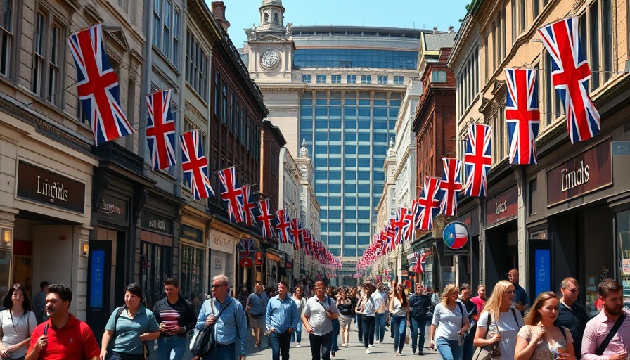 UK Travel Authorization: bustling city street with Union Jack flags.