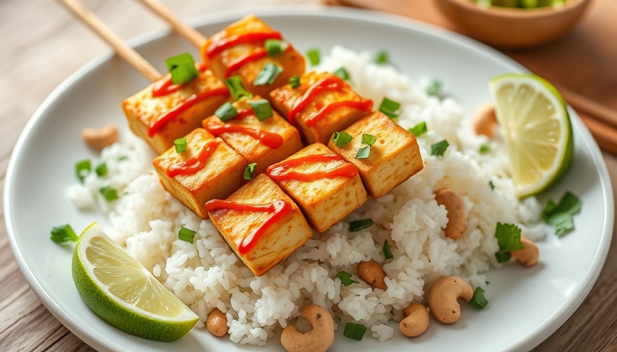 Chili Crisp Cashew Tofu Skewers on rice with herbs and lime slices.