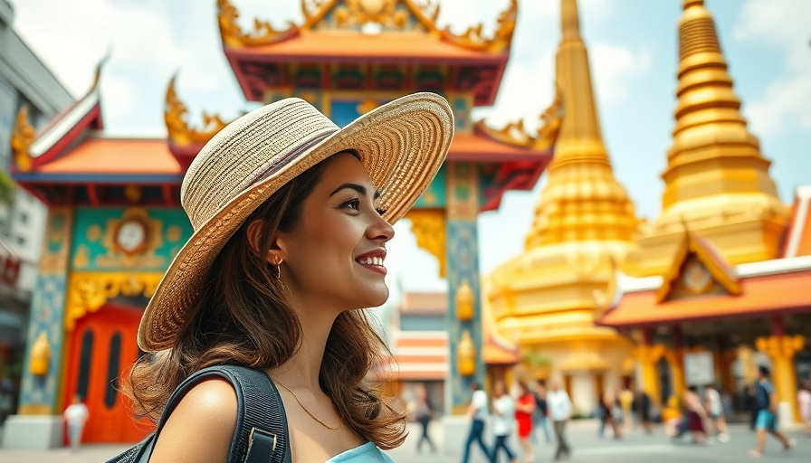 Woman exploring Bangkok landmarks under sunny sky, highlighting Norse Atlantic's new Gatwick-Bangkok service.