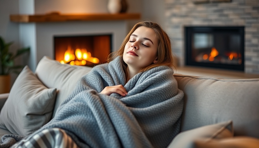 Woman on couch wrapped in blanket for chronic pain relief in smart home.