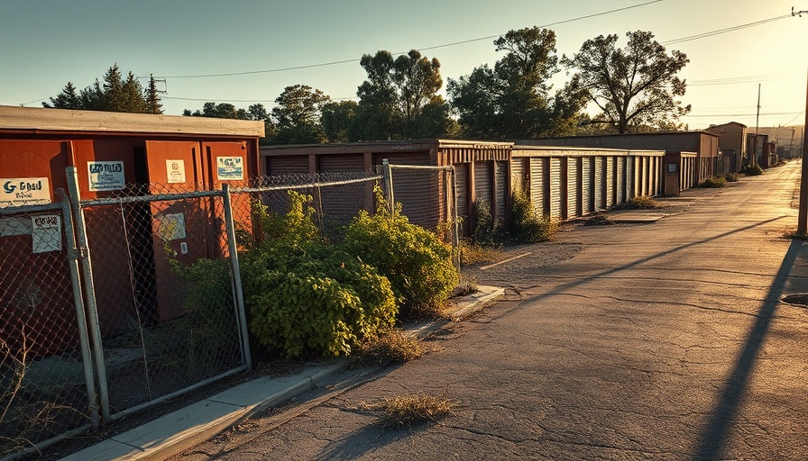 Foreclosed self-storage facility in Miami with overgrown plants.