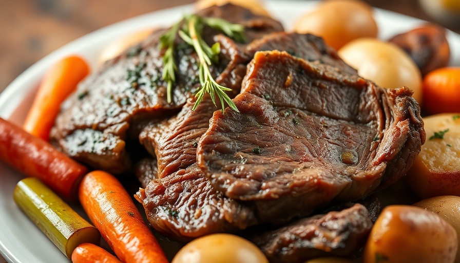 Classic pot roast with vegetables and herbs on a plate.