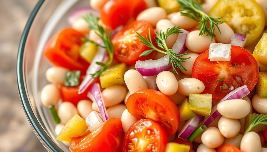 Vibrant dill pickle white bean salad in glass bowl