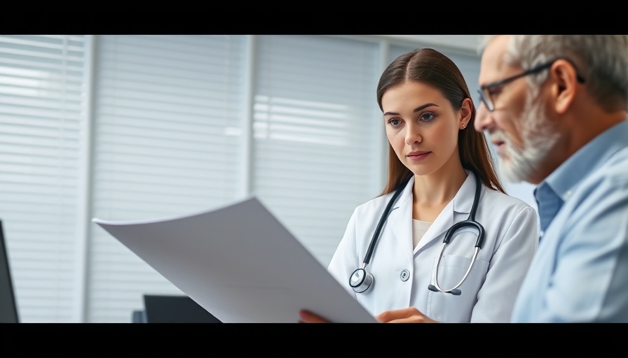 Female doctor reviews medical chart with patient in office.