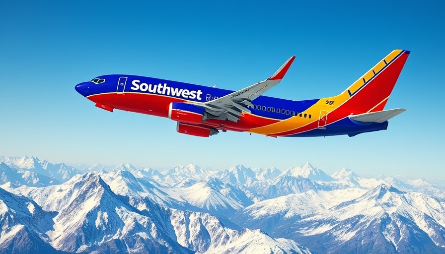 Bright Southwest Airlines plane flying over snowy mountains.