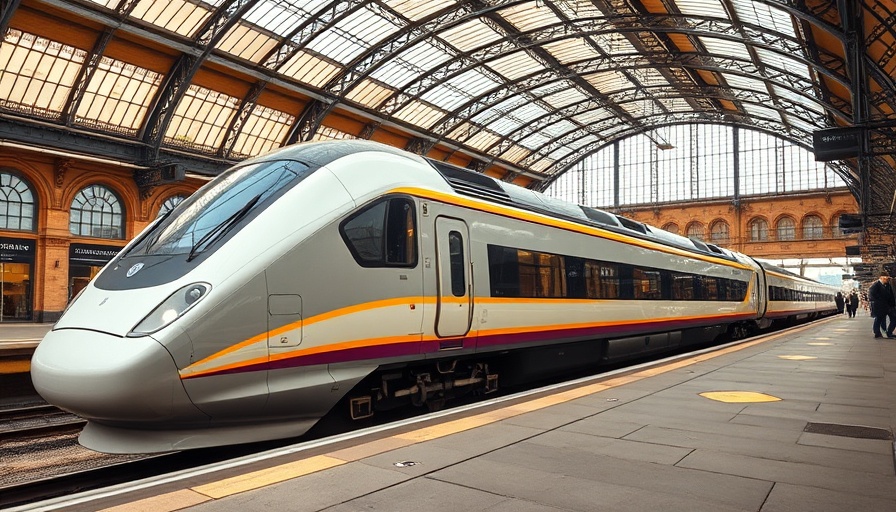 Modern Eurostar train at platform, Eurostar route network, historic station.