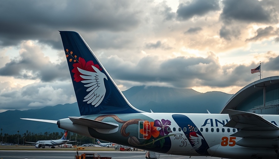 Airplane tail at Hawaiian airport, mountains in background