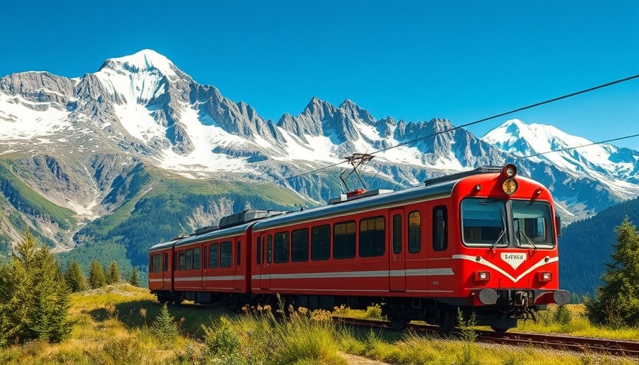 Leger Holidays rail brochure featuring red train in mountains.