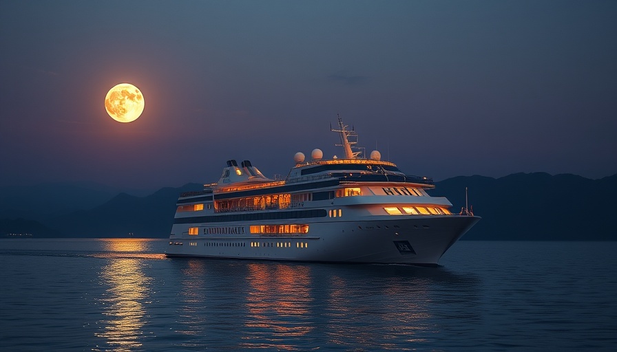 Ponant cruise ship under a moonlit sky, tranquil sea voyage.