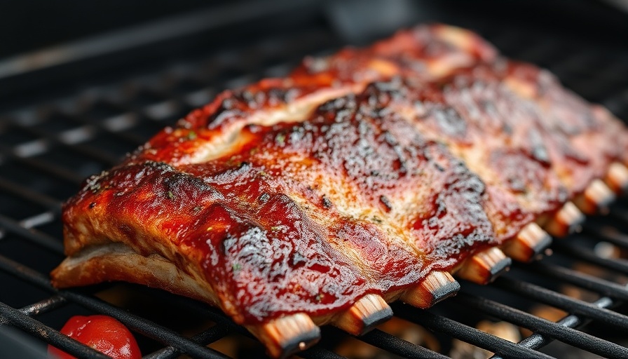 Grilled barbecue ribs sizzling on a grill.