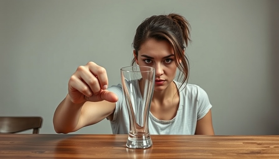 Determined woman rejecting a glass, embodying a sober lifestyle.