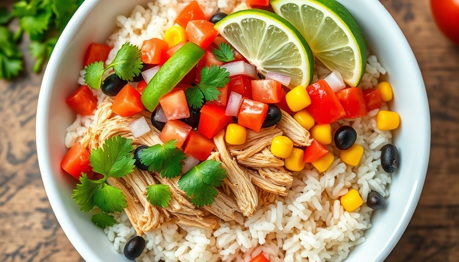 Colorful salsa chicken and rice bowl with fresh ingredients.