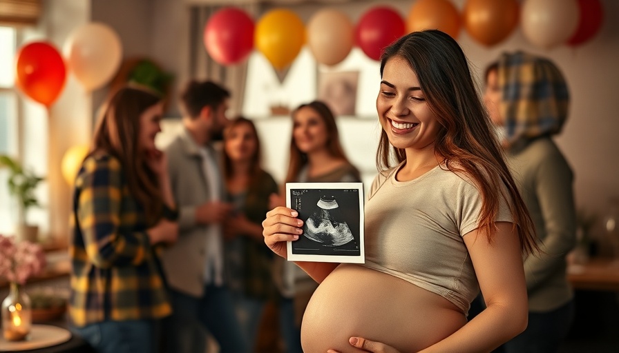 Joyful pregnant woman sharing ultrasound photo with friends at a gathering.