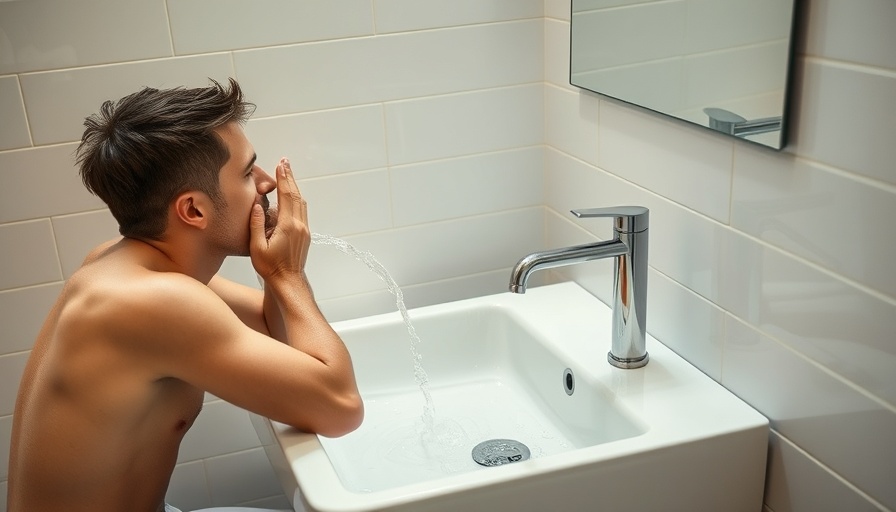 Man's skincare routine for men, washing face at sink.