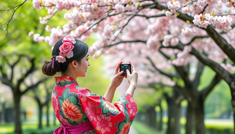 Woman captures cherry blossoms in a vibrant park.