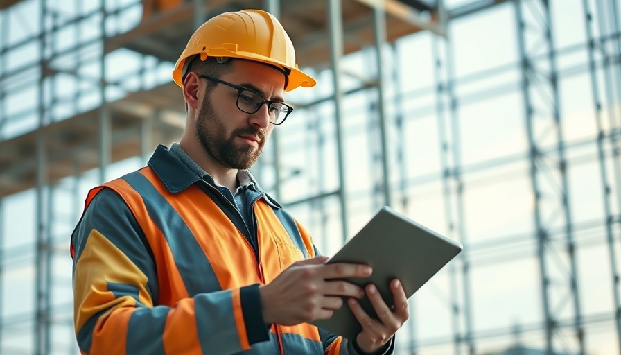 Construction worker using technology on site with scaffolding.