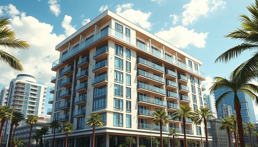 Exterior of modern Miami apartment complex, sunny day.