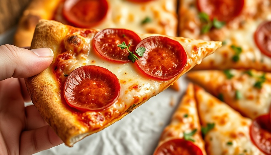 No-Rise Pizza Dough slice with pepperoni and cheese, held by a hand.