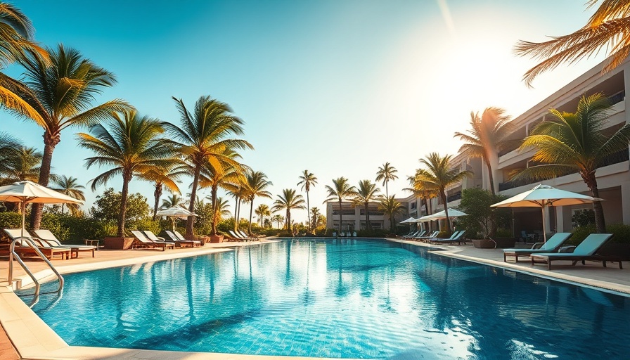 Serene resort pool showcasing luxury travel experiences, with palm trees and loungers around.