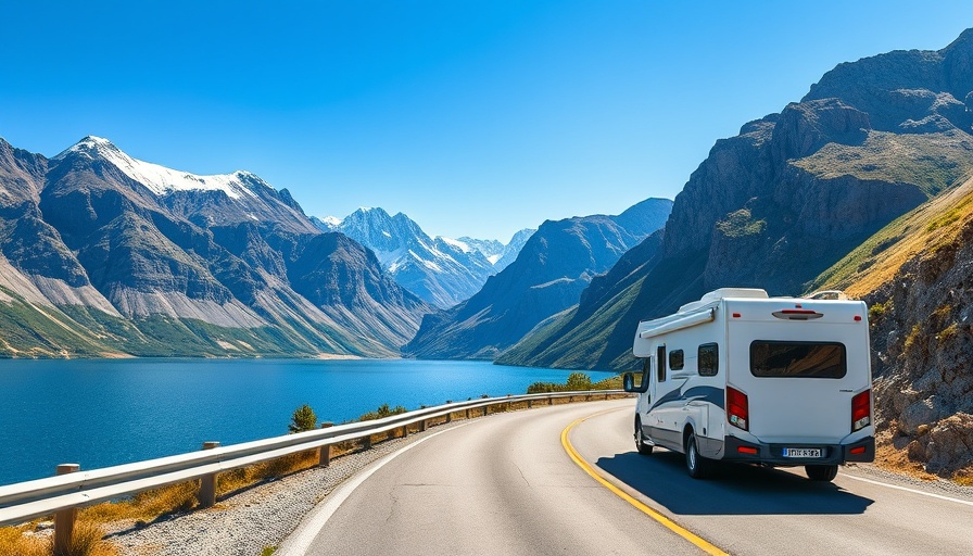 Motorhome travels on mountain road for holiday planning.