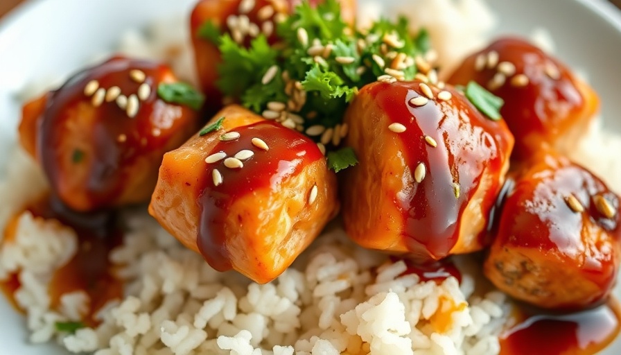 Salmon meatballs with sesame ginger BBQ sauce served on rice.