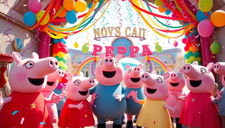 Peppa Pig Theme Park Texas grand opening celebration with rainbow decor.