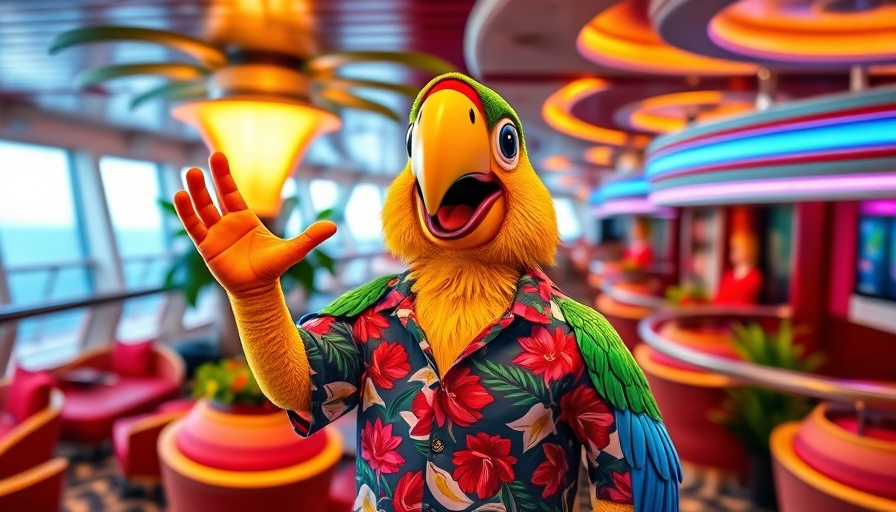 Parrot mascot on affordable cruise line, vibrant decor