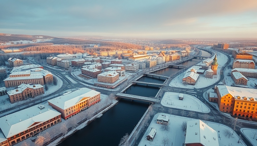 Lapland cityscape with snow at sunset, serene Nordic view.