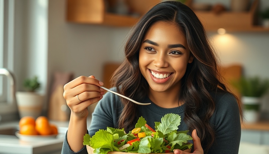 Woman enjoying a healthy salad, Healing Code program concept.