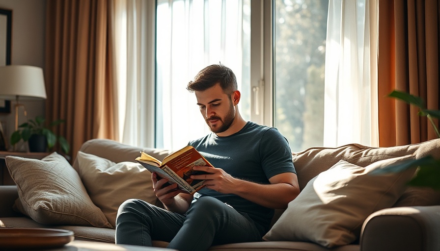 Man reading a travel journal in a cozy Florida living room