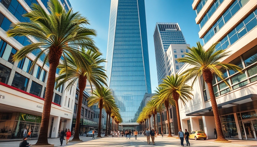 West Palm Beach condo development towering over urban plaza.