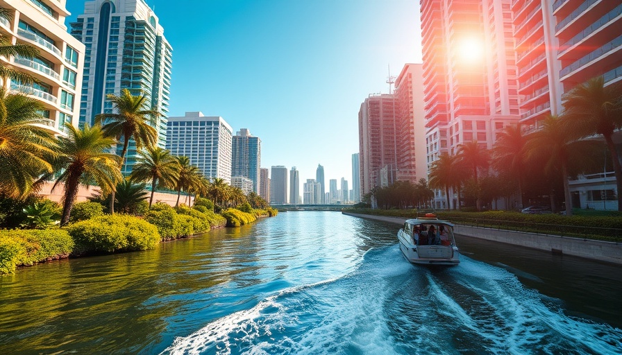 Vibrant Miami River with boat and skyline, clear day.