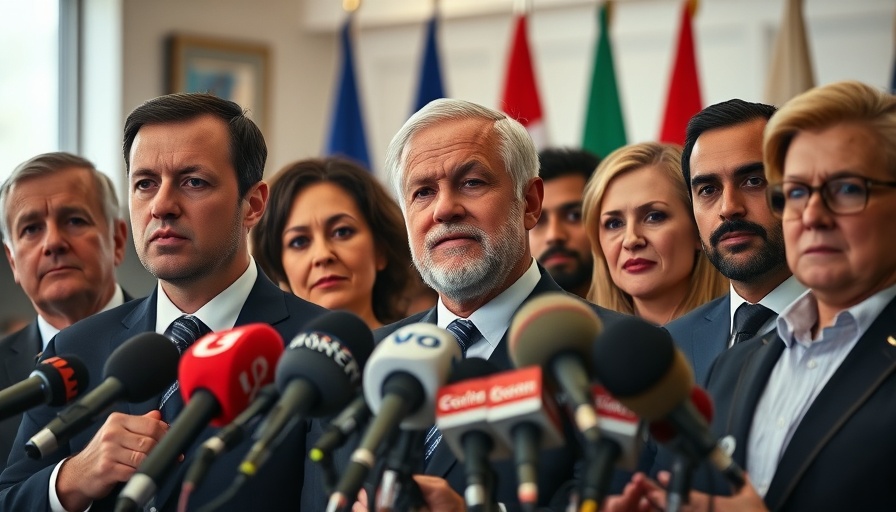 Press conference scene with people speaking into microphones.