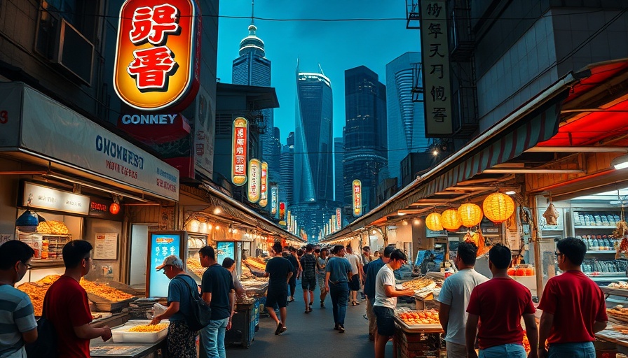 Bustling street food market at night, vibrant and lively setting.