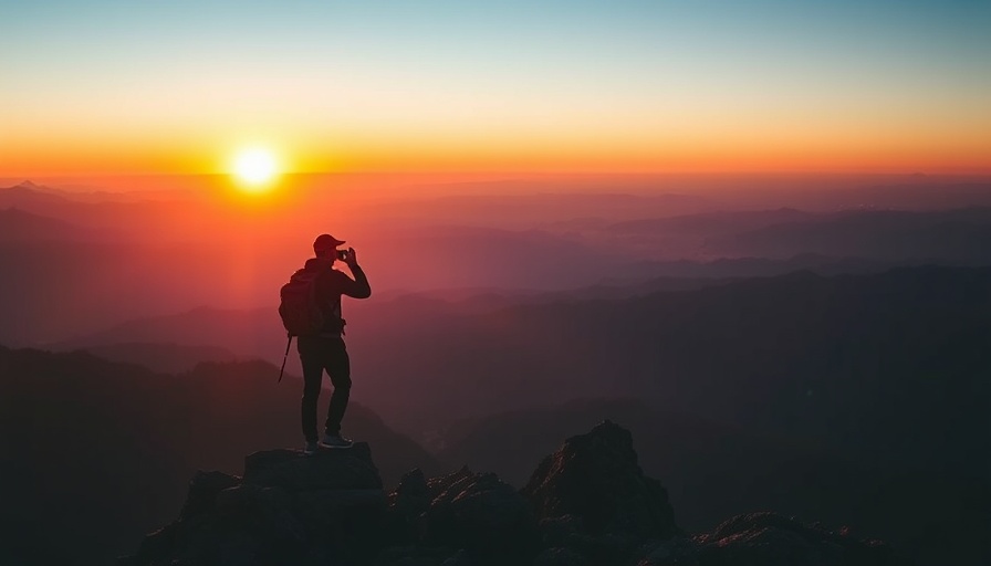 Silhouette hiker capturing sunrise in mountain peak high detail.