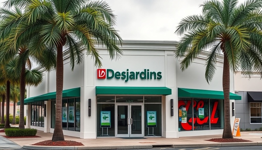 Closure of Desjardins Bank building in Palm Beach County, overcast day.