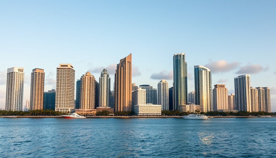 Miami skyline with waterfront buildings reflecting in the ocean.